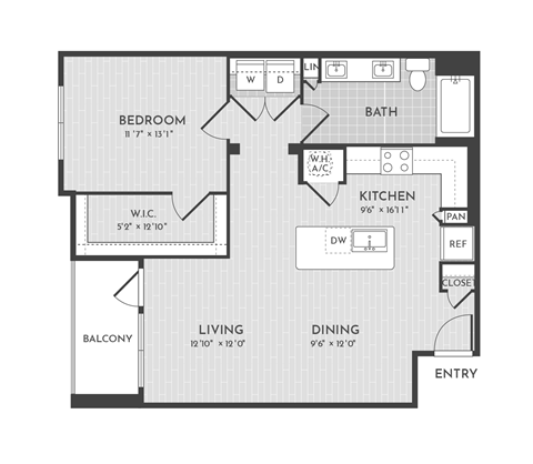 Floor plan for 1 bed, 1 bath, 874 sqft